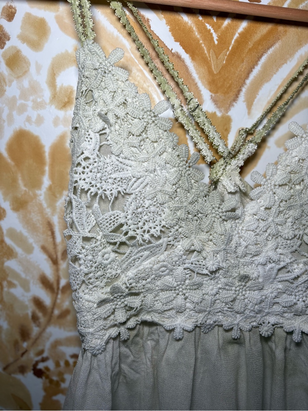 POL Anthropologie Style Lace Mini Dress Sage Green Crochet Boho Festival Strappy - Picture 7 of 9